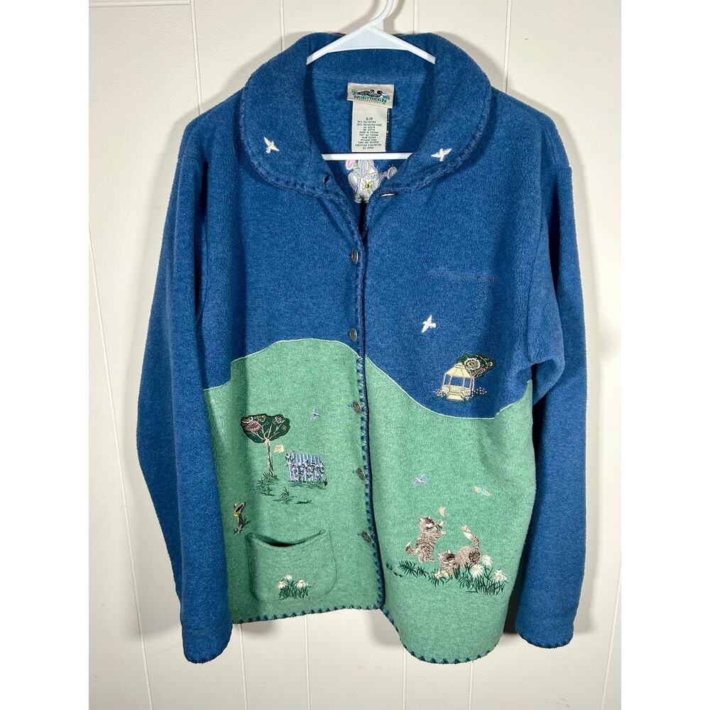 Northern Reflections VTG Cottagecore Fleece‎ Cardigan Embroidered Cats S Whimsy - Picture 11 of 14